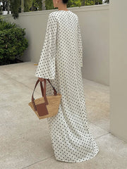 Elegant V Neck Bow Polka Dot Print Loose Maxi Dress
