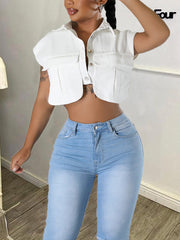 Solid Color Casual Cropped Shirt Top