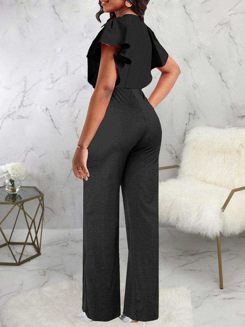 Solid Color V Neck Slim Jumpsuit