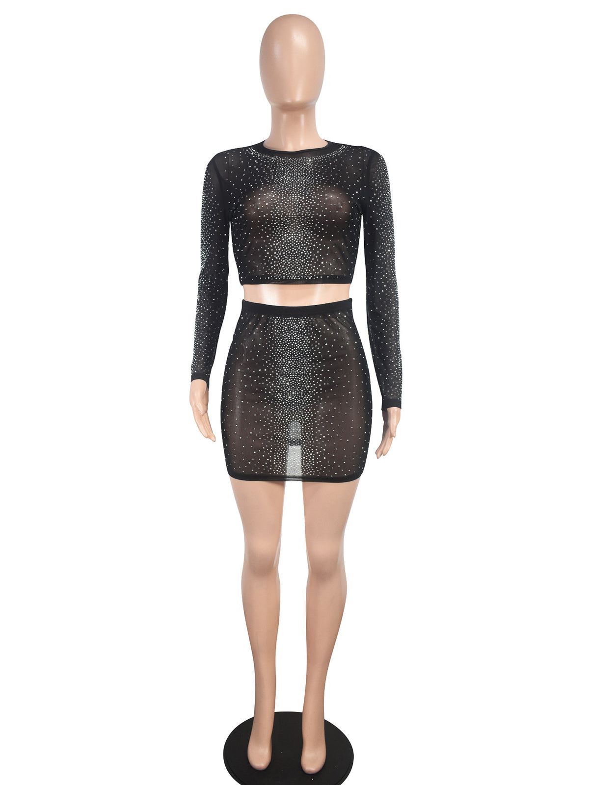 Sexy See-Through Long Sleeve Beaded Top Mini Skirt Set