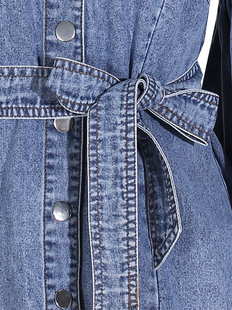 Casual V-Neck Balloon Sleeve Denim Blouse