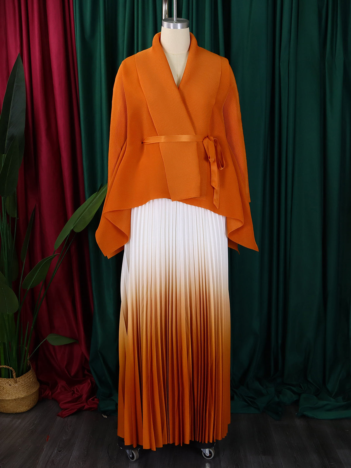 Elegant Lace-up Top and High Waist Pleated Skirt Set