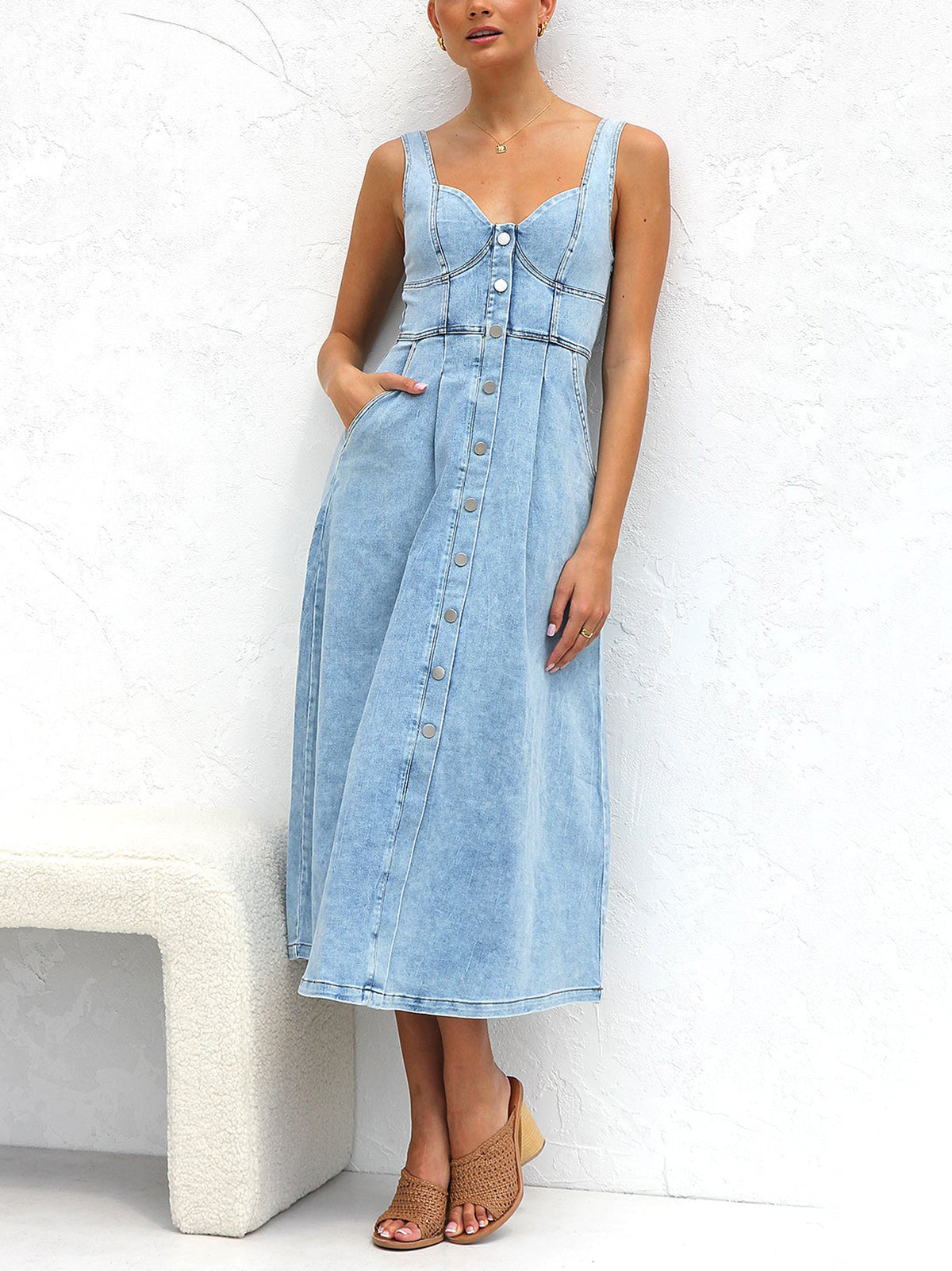 Fashion Denim Suspender Midi Dress