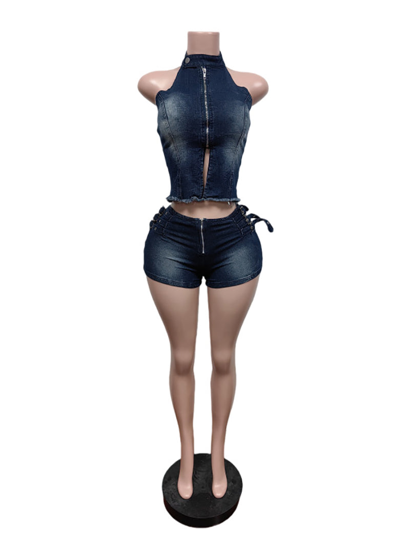 Casual Denim Halter Backless Vest And Shorts Set