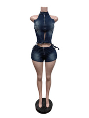 Casual Denim Halter Backless Vest And Shorts Set
