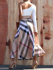 Causal One Shoulder Plaid Print High Waist Slit Dress
