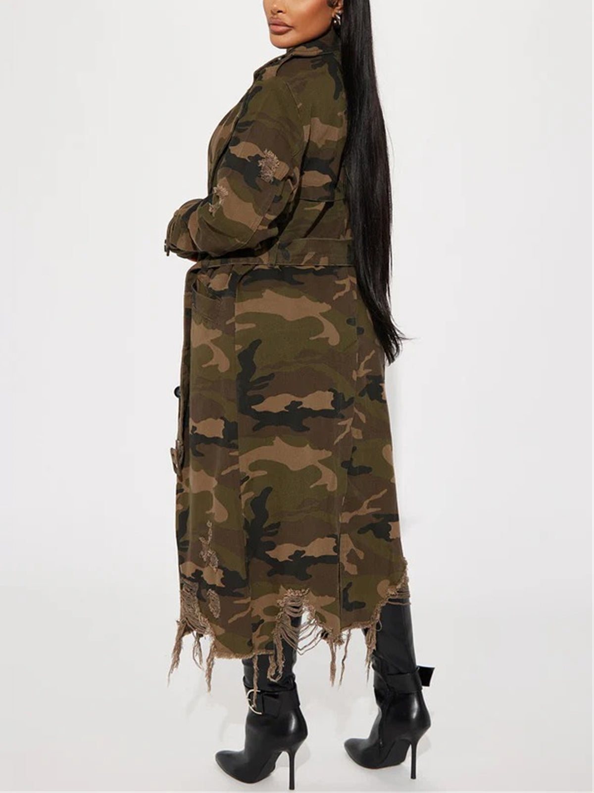 Fashion Casual Camo Ripped Trench Coat