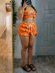 Casual Ruffles Knits Tie Up Beach Two Piece Set