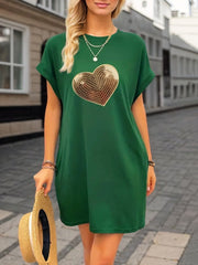 Heart Sequin Crew neck Casual Loose Dress