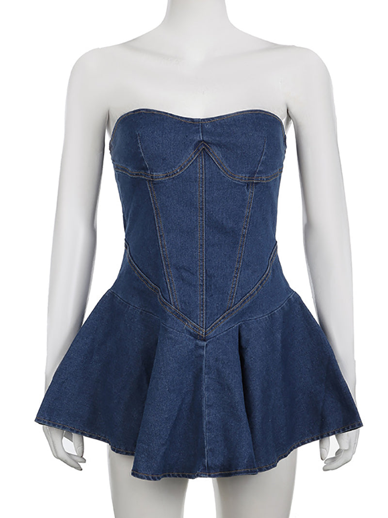 Sexy Strapless Ruffle Hem Denim Mini Dress