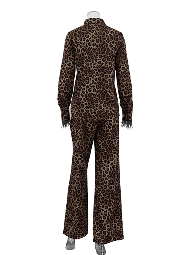 Leopard Print Patchwork Feather Long Sleeve 2 Piece Set