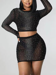 Sexy See-Through Long Sleeve Beaded Top Mini Skirt Set