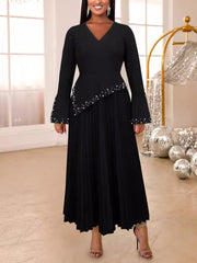 V-Neck Beaded Long Sleeve Pleated Maxi Dress