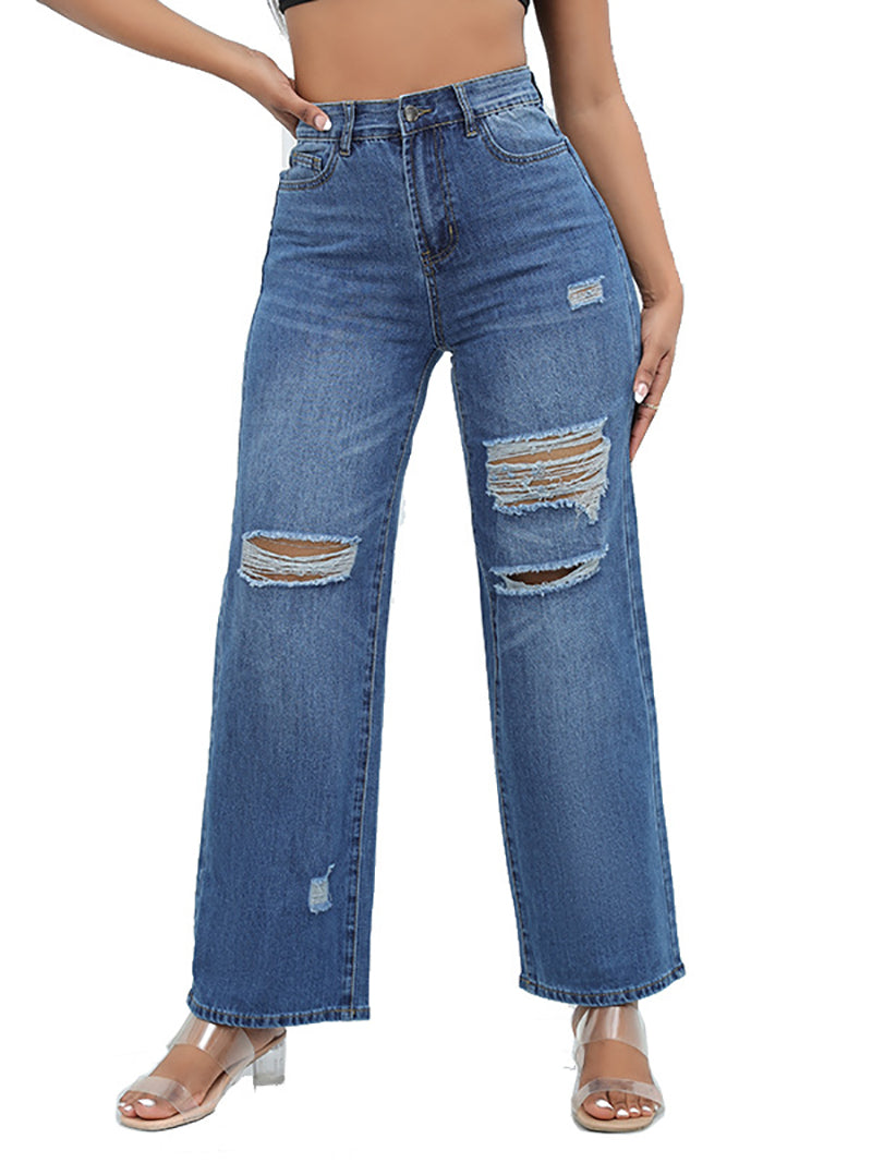 Casual High Waist Ripped Straight Leg Jeans