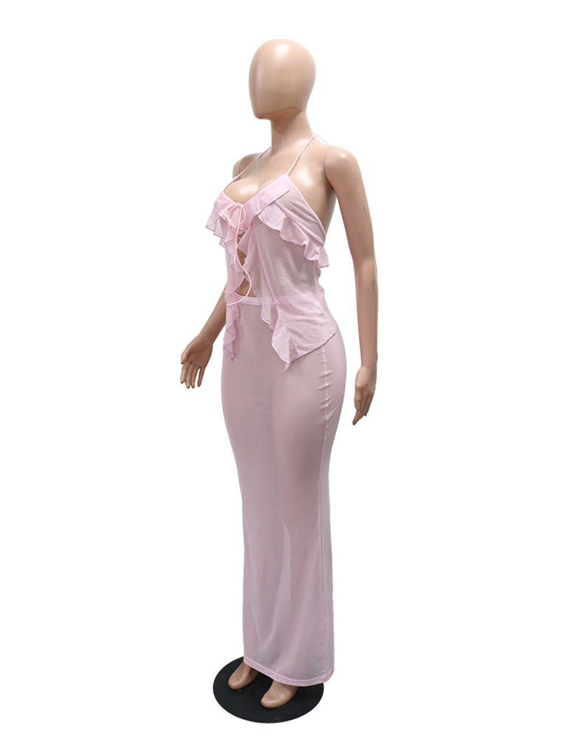 Sexy Asymmetric Sheer Mesh Long Skirt Two Piece Set
