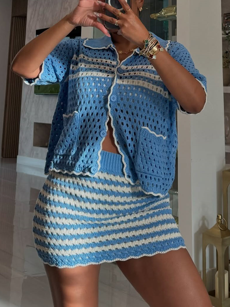 Casual Stripe Turn-down Collar Skirt Two Pieces Set