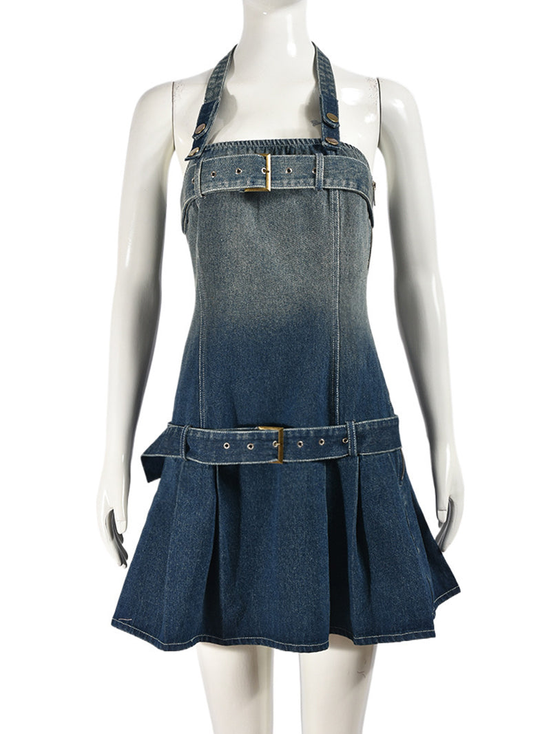 Denim Wash Halter Zipper Belt Gradient Sexy Trend Dress