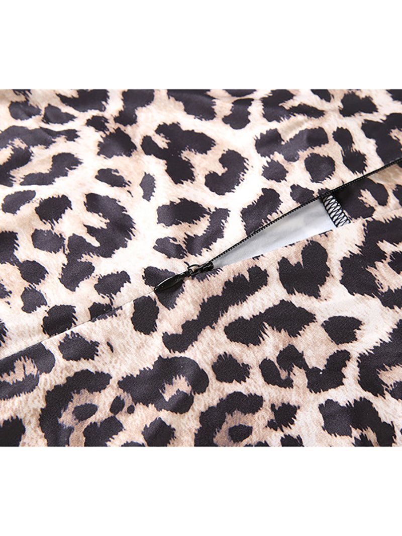 Sexy Round Neck Leopard Print Slim Pleated Maxi Dress