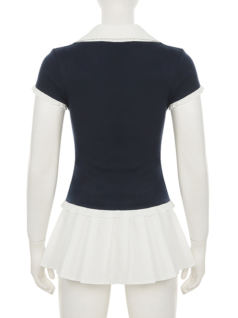 Casual Turn-down Collar Patchwork Pleated Dress