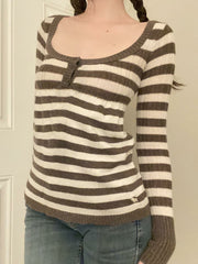 Vintage Ribbed Knit Striped Slim Sweater