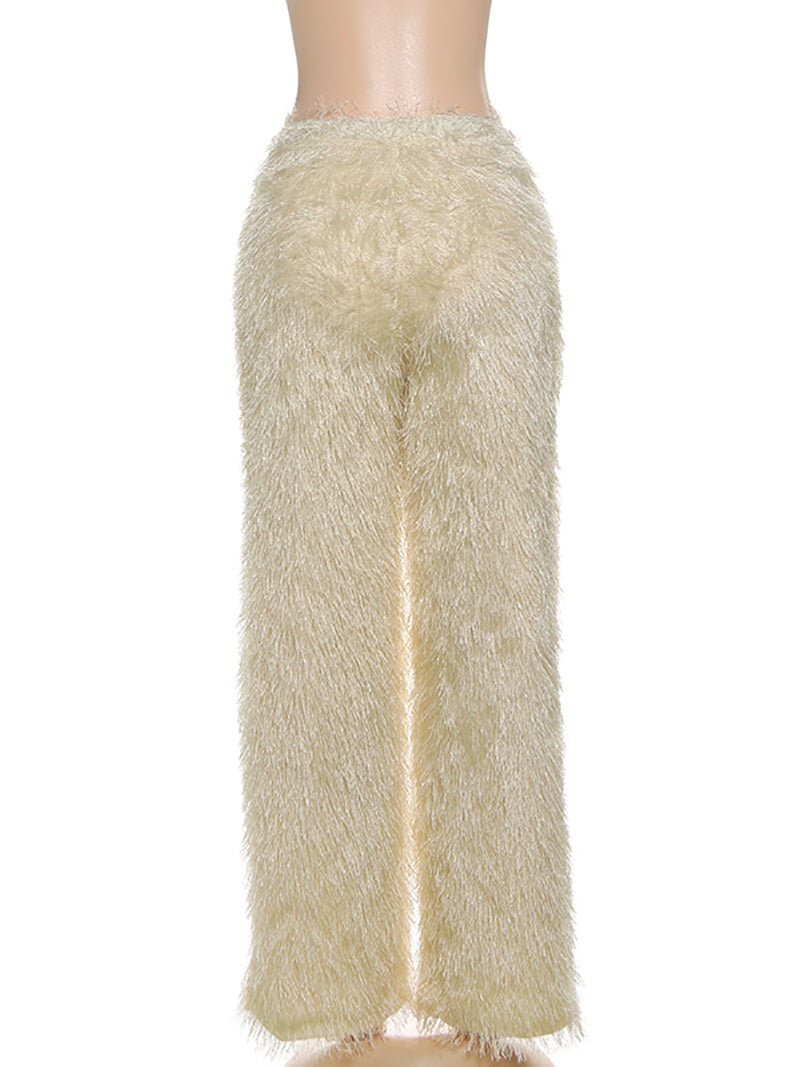 Casual Fluffy Mid Waist Straight Trousers