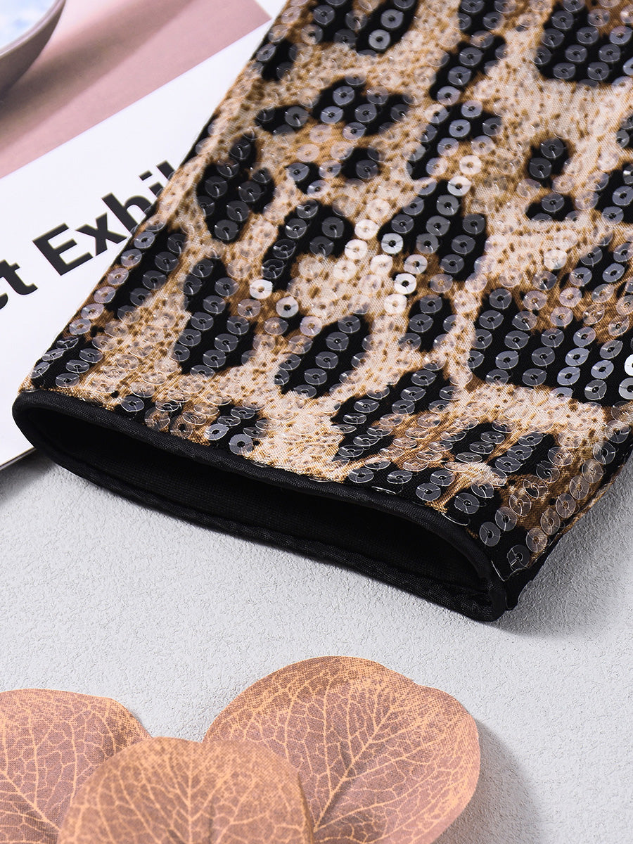Elegant Leopard Print Sequin Cardigan Jacket