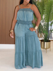 Fashion Tiered Denim Wide Leg Jumpsuit