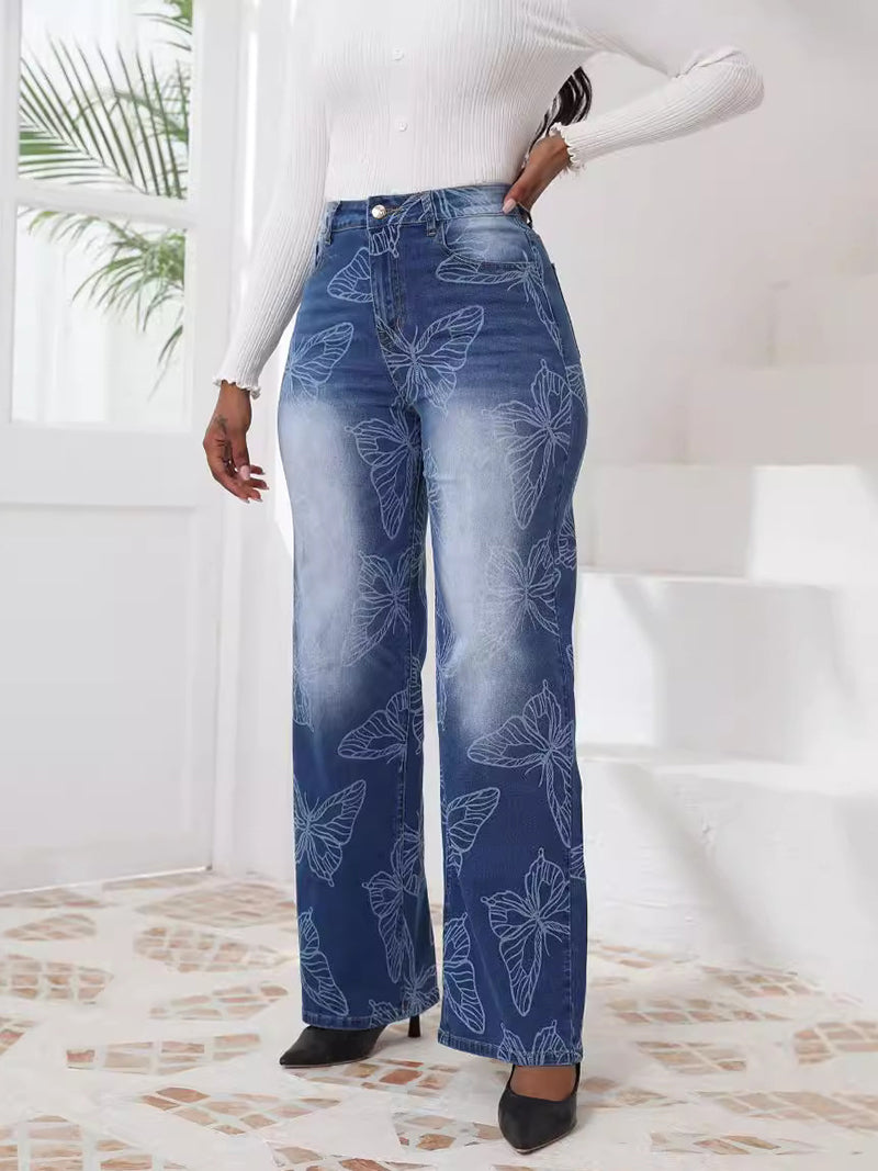 Fashion Jacquard Wide Leg Pants Straight Jeans