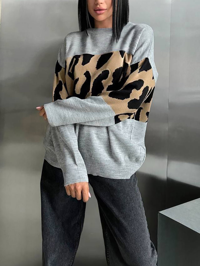 Color Block Leopard Pattern Patchwork Loose Sweater