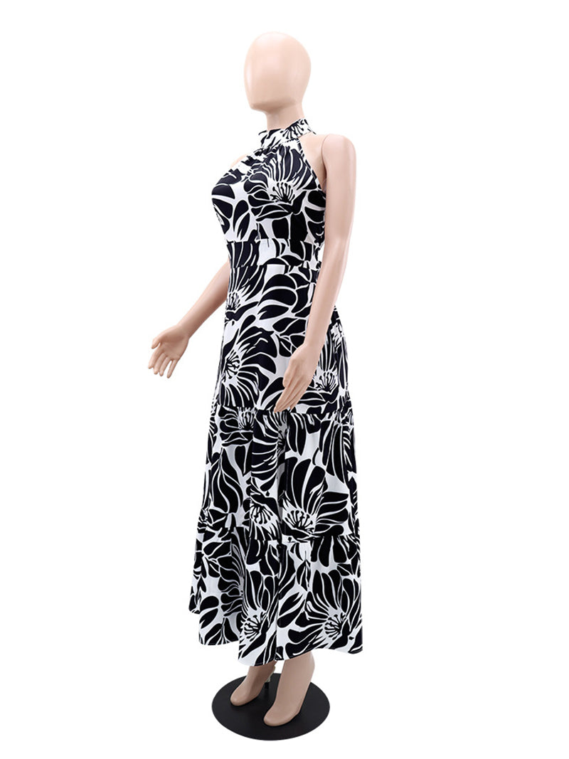 Elegant Print Patchwork High Slit Long Dress