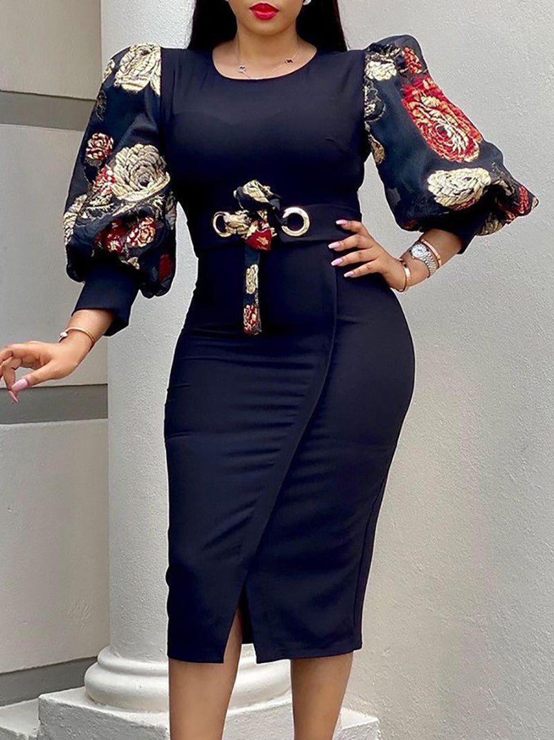 Round Neck Print puff sleeves Slim Dress