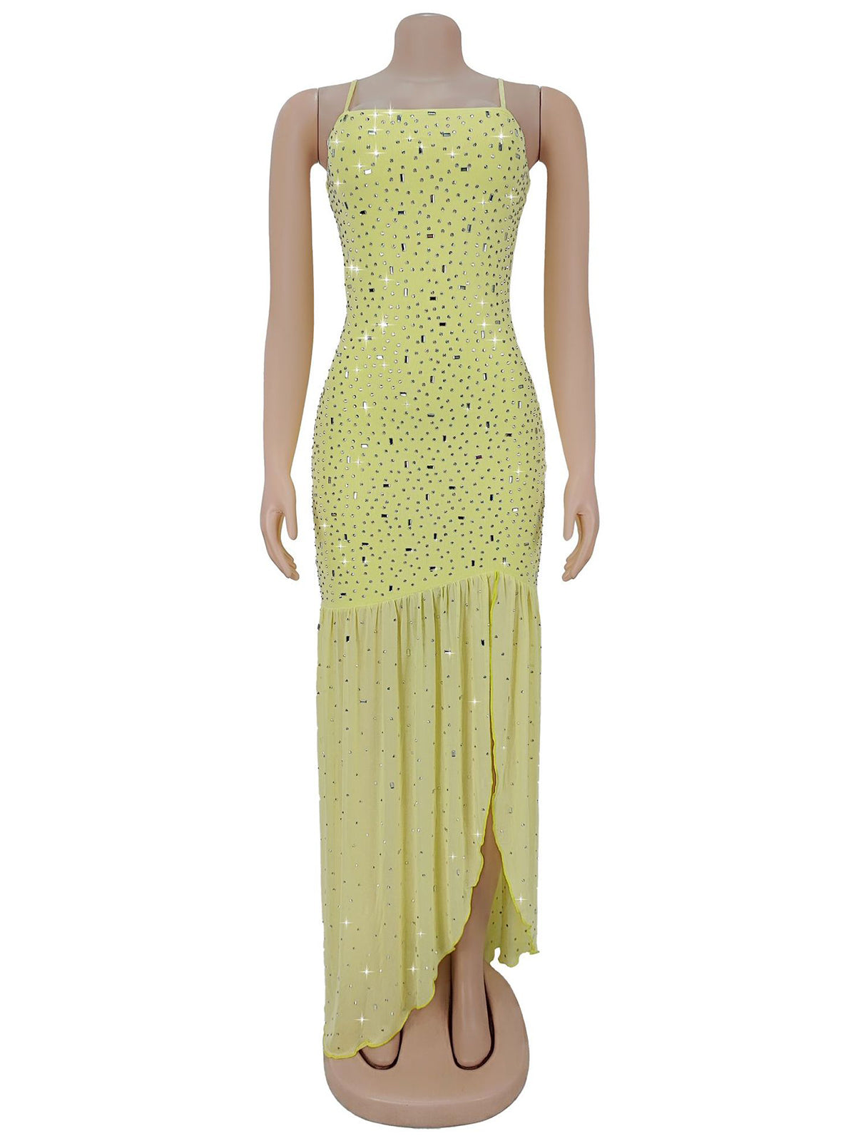 Sexy Spaghetti Strap Rhinestone Mesh Maxi Dress