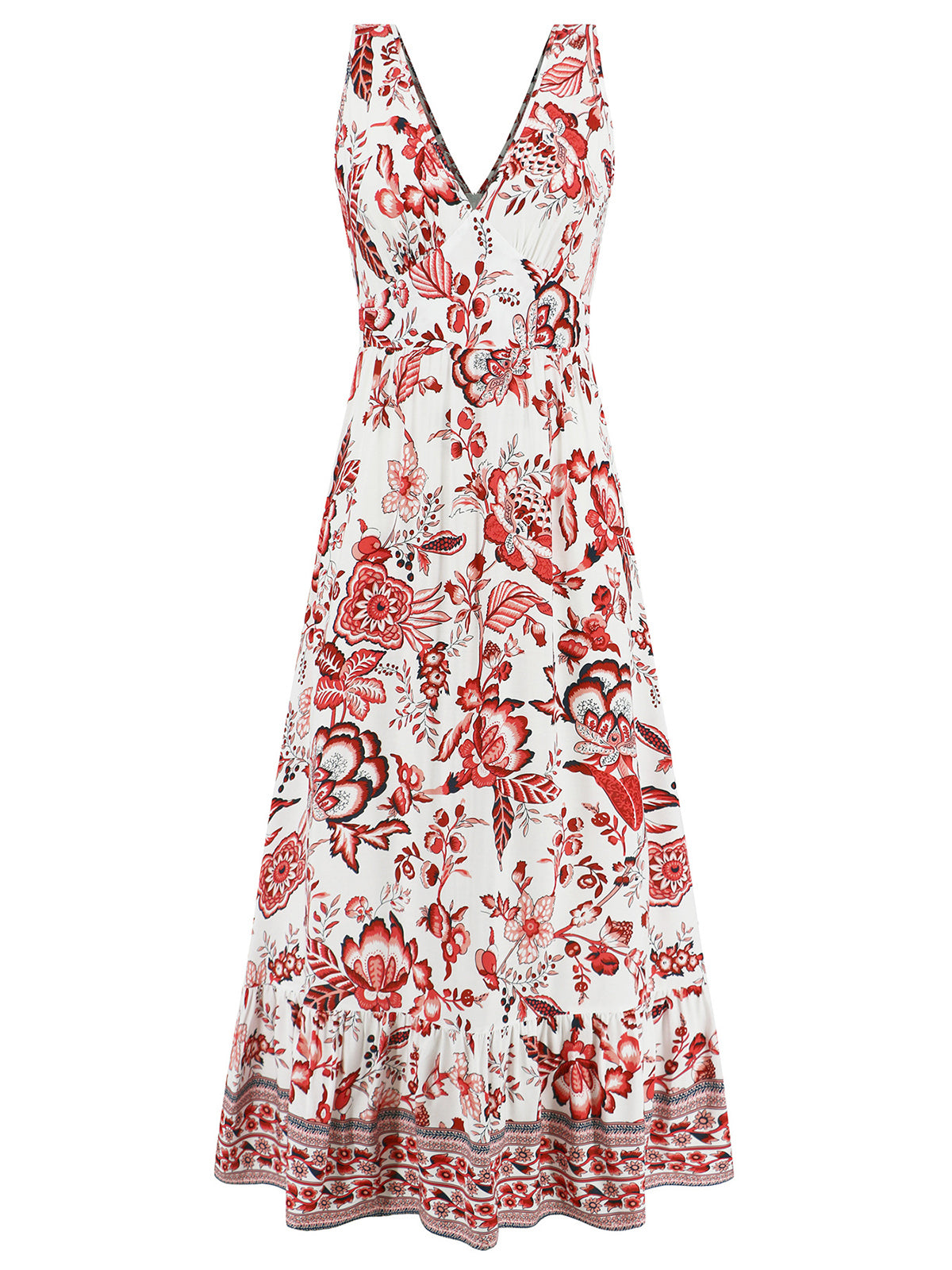 Retro V Neck Flower Print Dress