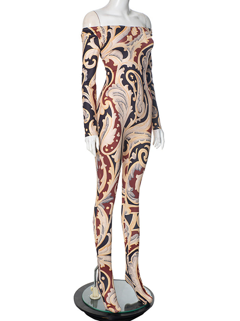 Sexy Print Patchwork Off Shoulder Skinny Jumpsuit