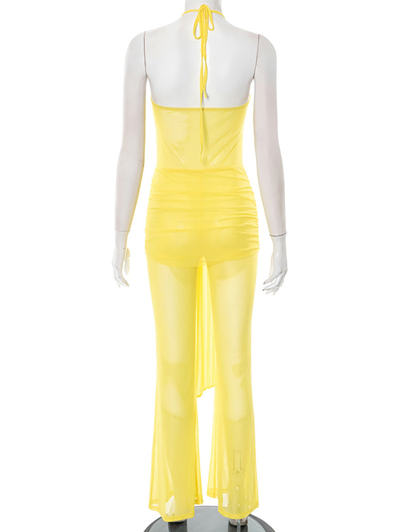 Ruched Sheer Lace-Up Backless  Jumpsuits