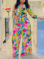 Fashion Print Bandage Shirt Wide Leg Trousers Sets