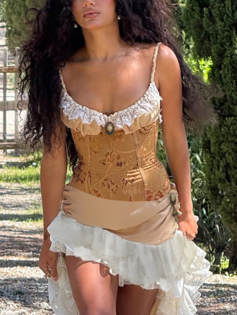 Vintage Print Lace Patchwork Tube Top Knit Skirt Sets
