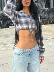 Plaid Drawstring Hooded Cropped Zipper Shirt