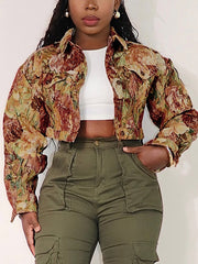 Printed Button-Front Cropped Jacket