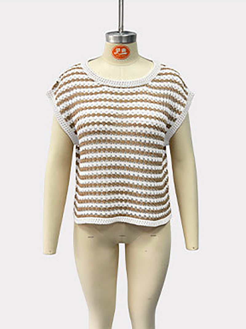 Casual Striped Short Sleeve Crochet Knit Top