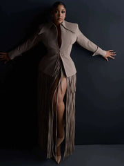 Fitted Blazer and Fringe Maxi Skirt Set-boutique
