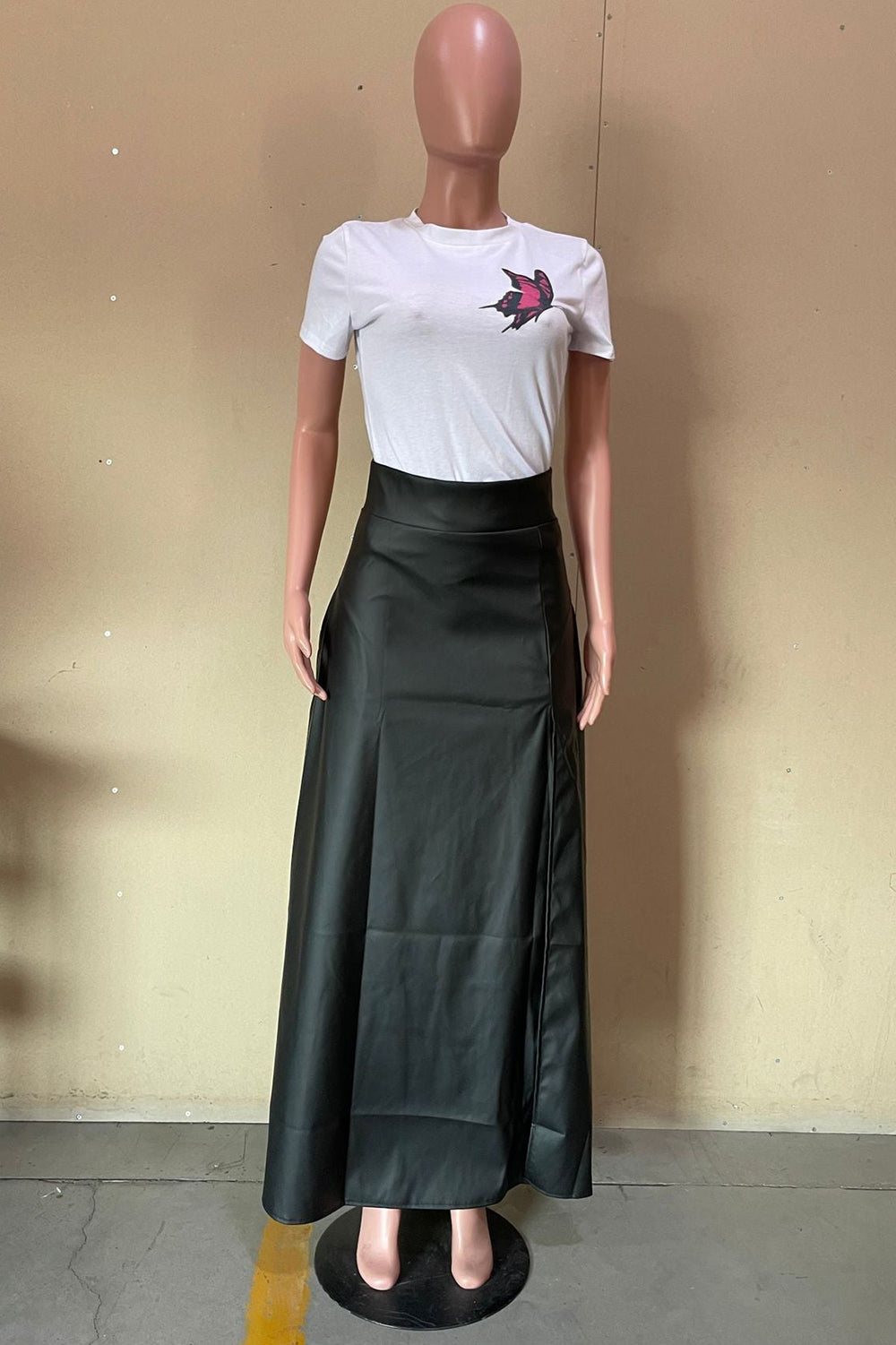 Fashion PU Leather Slit Slim-Fit Mid Skirts