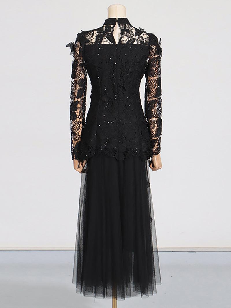 Elegant Embroider Hollow Tops Mesh Pleated Skirt Sets