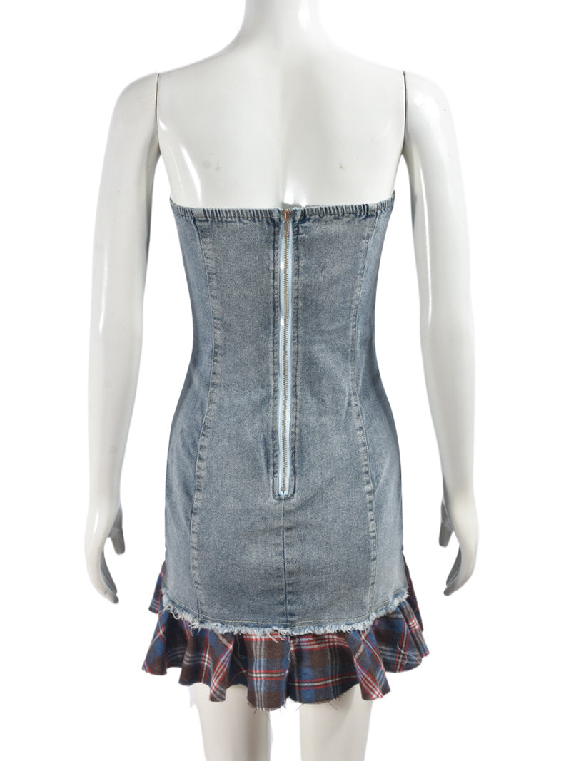 Fashion Strapless Plaids Patchwork Denim Dress