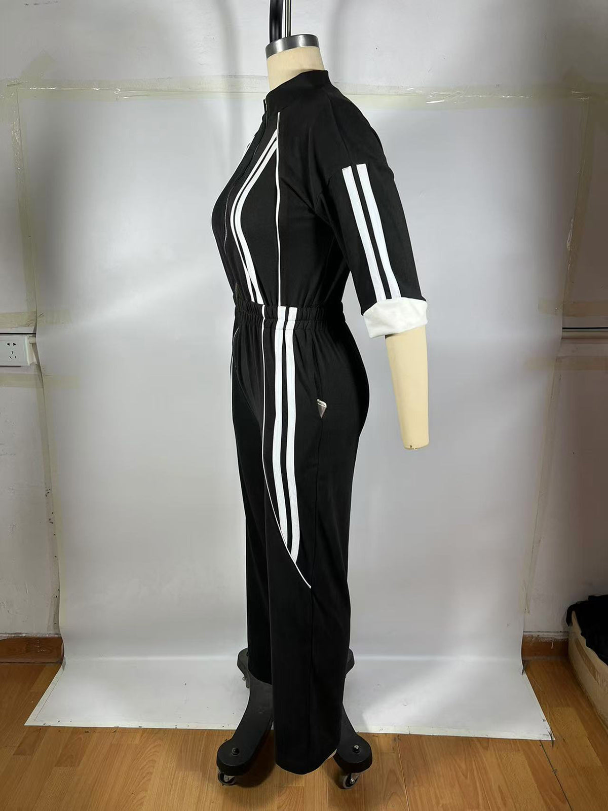 Fashion Stand Collar Zip-Up Striped Jumpsuit