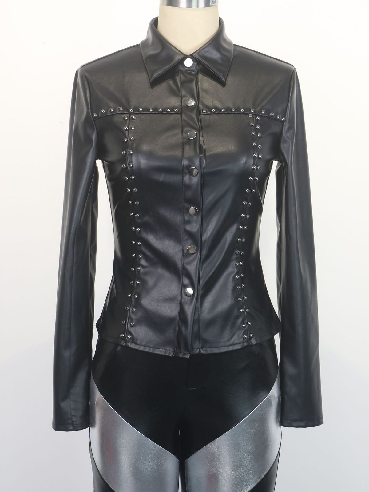 Fashion Studded Slim Faux-Leather Shirt