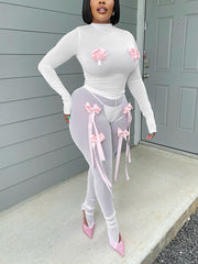 O Neck Long Sleeve Bow Decor See-Through Two Pieces