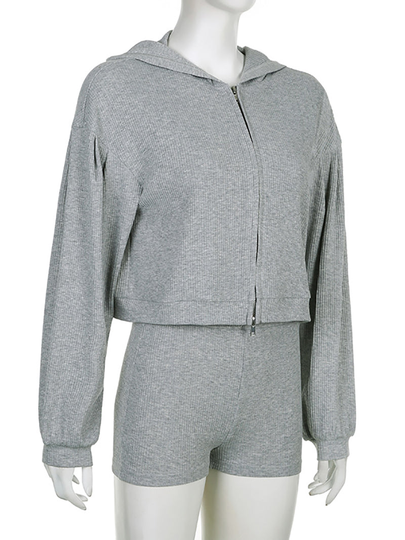 Casual Sports Yoga Ribbed Crop Top Jacket Shorts Sets