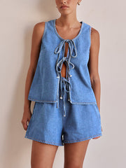 Fashion Sleeveless Lace-up Top and Shorts Set