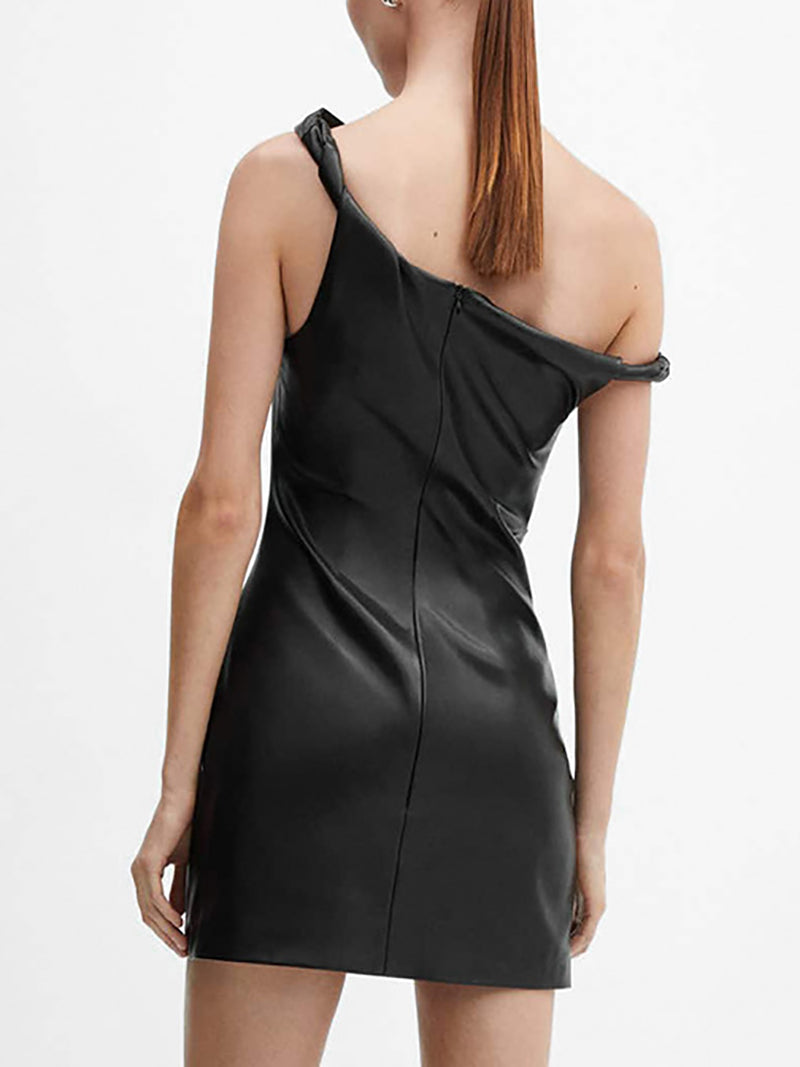 Faux Leather One Shoulder Ruched Mini Dress